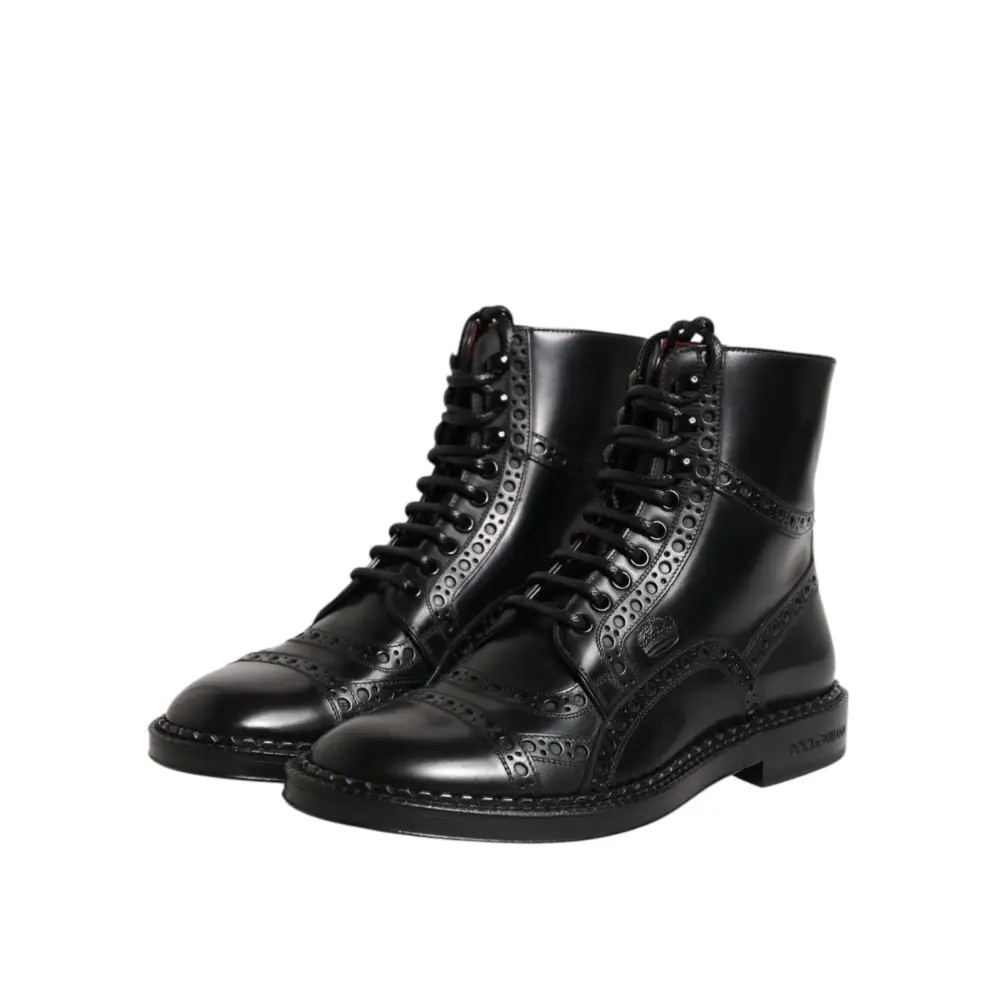Dolce & Gabbana Schwarze Leder Schnürstiefel mit mittlerer Wade