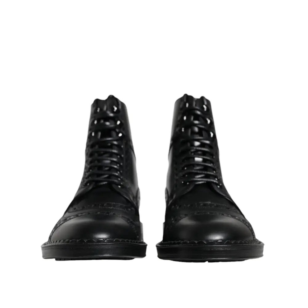 Dolce & Gabbana Schwarze Leder Schnürstiefel mit mittlerer Wade