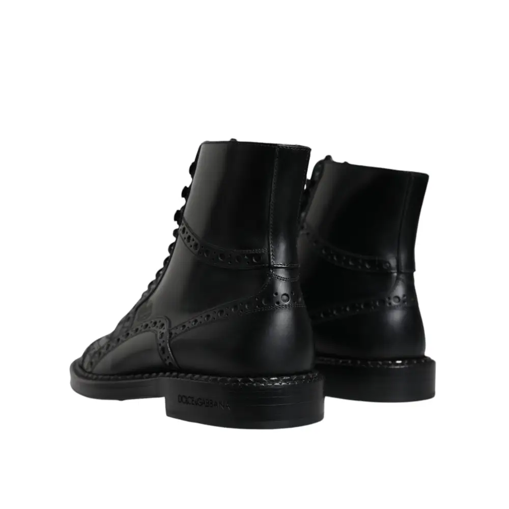 Dolce & Gabbana Schwarze Leder Schnürstiefel mit mittlerer Wade