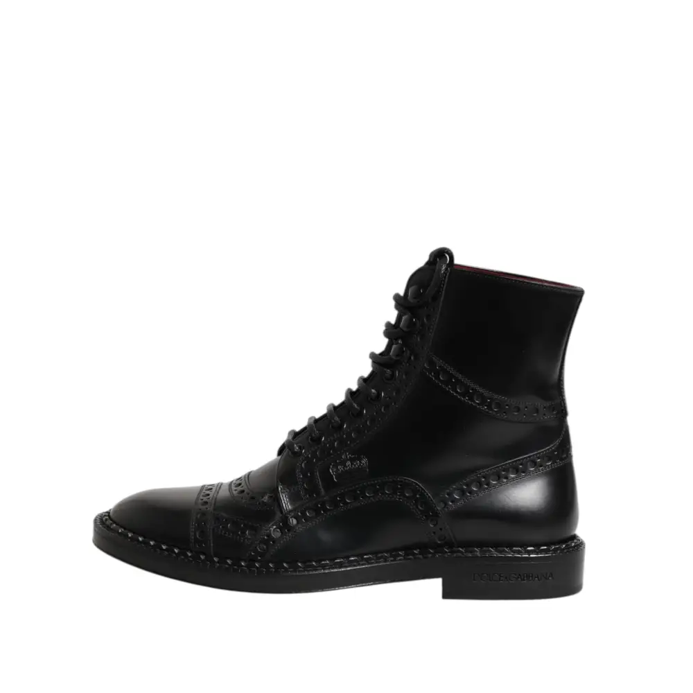 Dolce & Gabbana Schwarze Leder Schnürstiefel mit mittlerer Wade