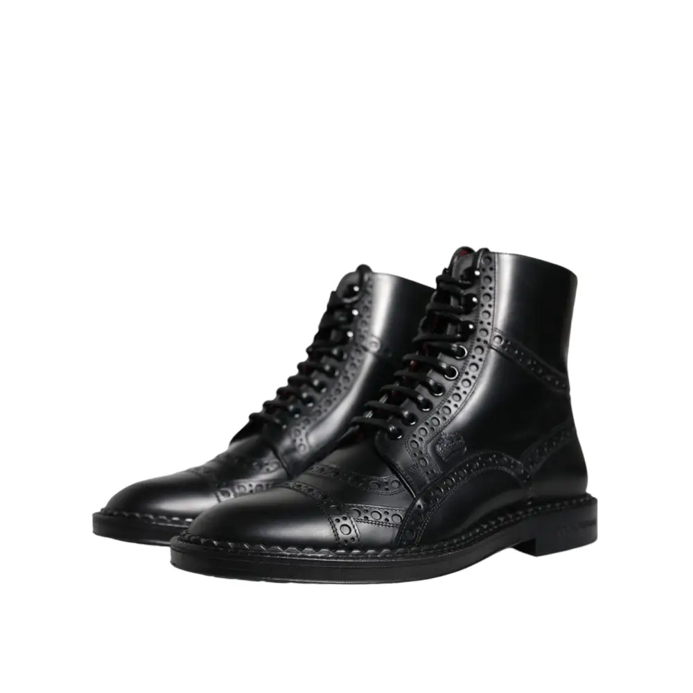 Dolce & Gabbana Schwarze Leder Schnürstiefel mit mittlerer Wade