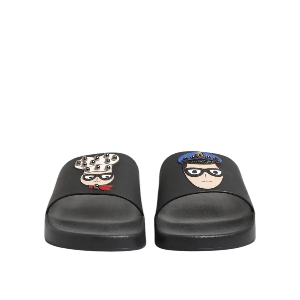 Dolce & Gabbana Schwarze Leder Slides Flats Beachwear Schuhe - EU40/US7