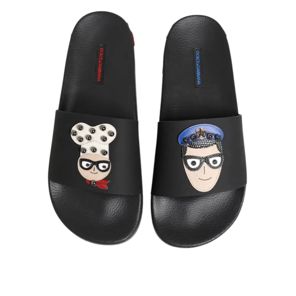 Dolce & Gabbana Schwarze Leder Slides Flats Beachwear Schuhe - EU40/US7