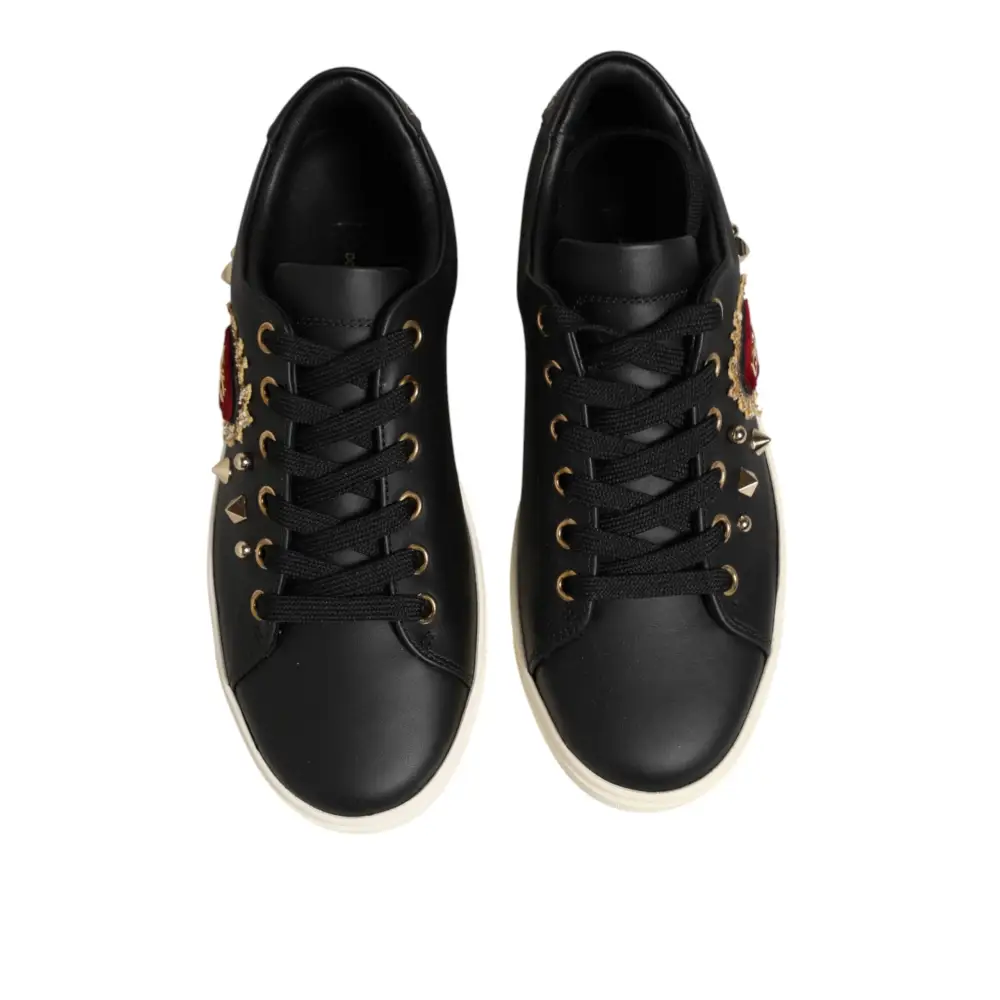 Dolce & Gabbana Schwarze Leder-Sneaker mit Sacred-Heart-Motiv - EU35/US4.5