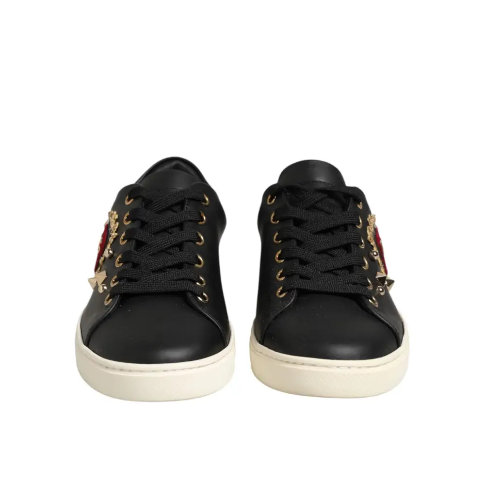Dolce & Gabbana Schwarze Leder-Sneaker mit Sacred-Heart-Motiv - EU35/US4.5