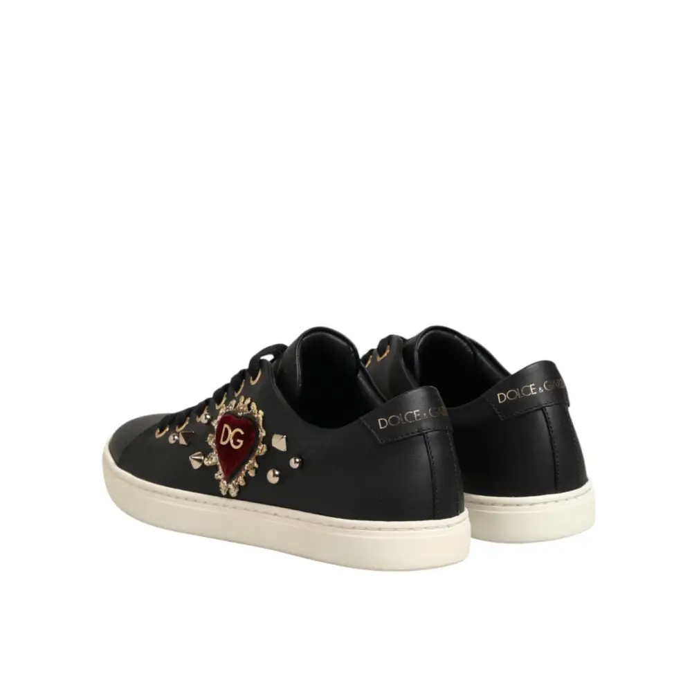 Dolce & Gabbana Schwarze Leder-Sneaker mit Sacred-Heart-Motiv - EU35/US4.5