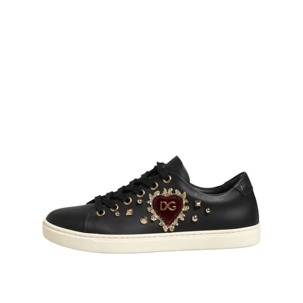 Dolce & Gabbana Schwarze Leder-Sneaker mit Sacred-Heart-Motiv - EU35/US4.5