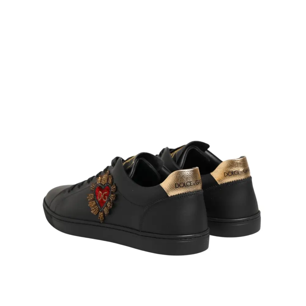 Dolce & Gabbana Schwarze Leder-Sneakers mit Herz-Verzierung