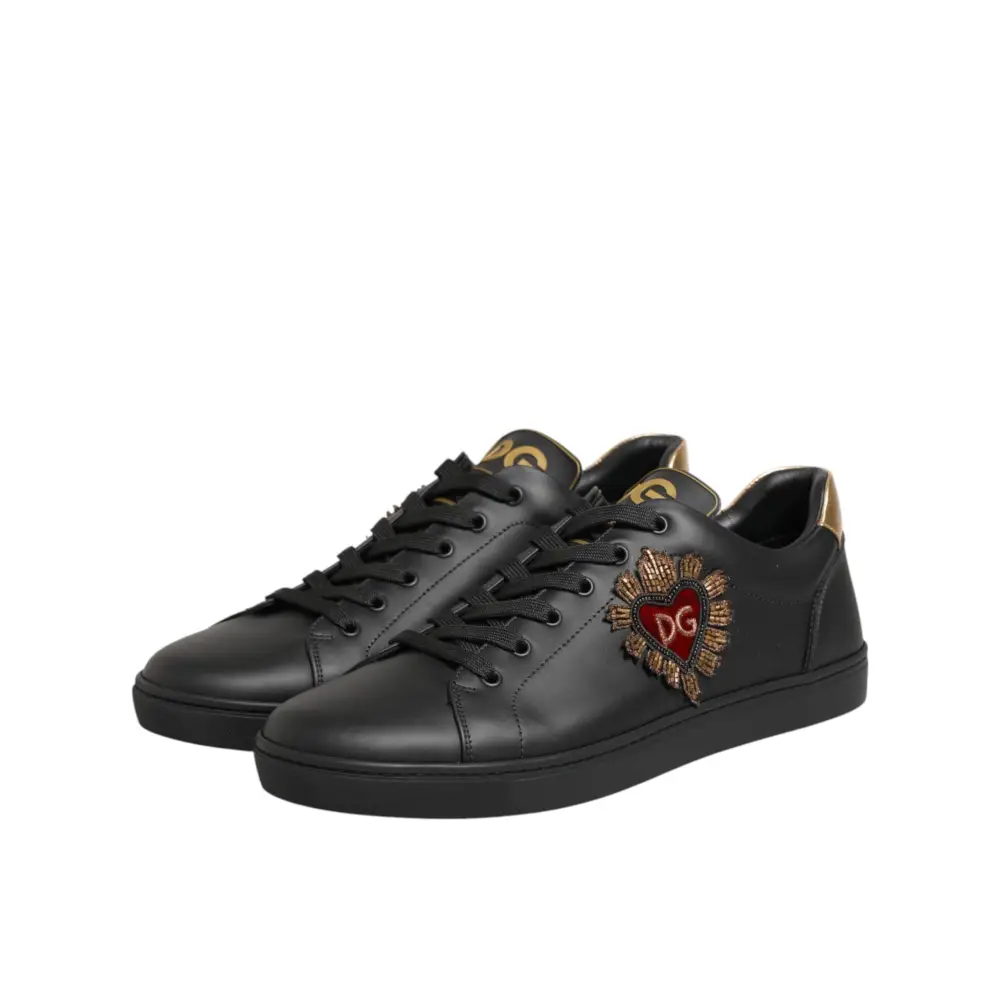 Dolce & Gabbana Schwarze Leder-Sneakers mit Herz-Verzierung