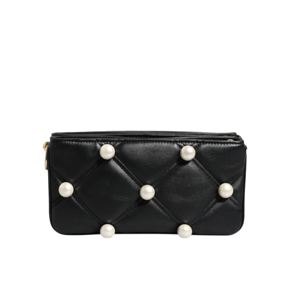 Dolce & Gabbana Schwarze Lederumhängetasche mit Logo und Perlenverzierung