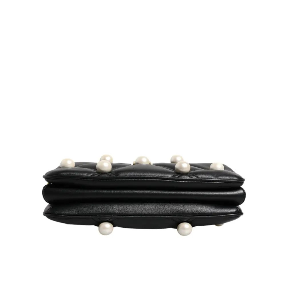 Dolce & Gabbana Schwarze Lederumhängetasche mit Logo und Perlenverzierung