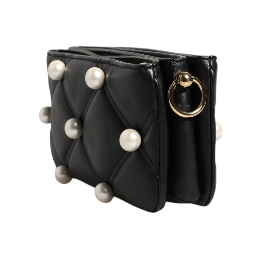 Dolce & Gabbana Schwarze Lederumhängetasche mit Logo und Perlenverzierung