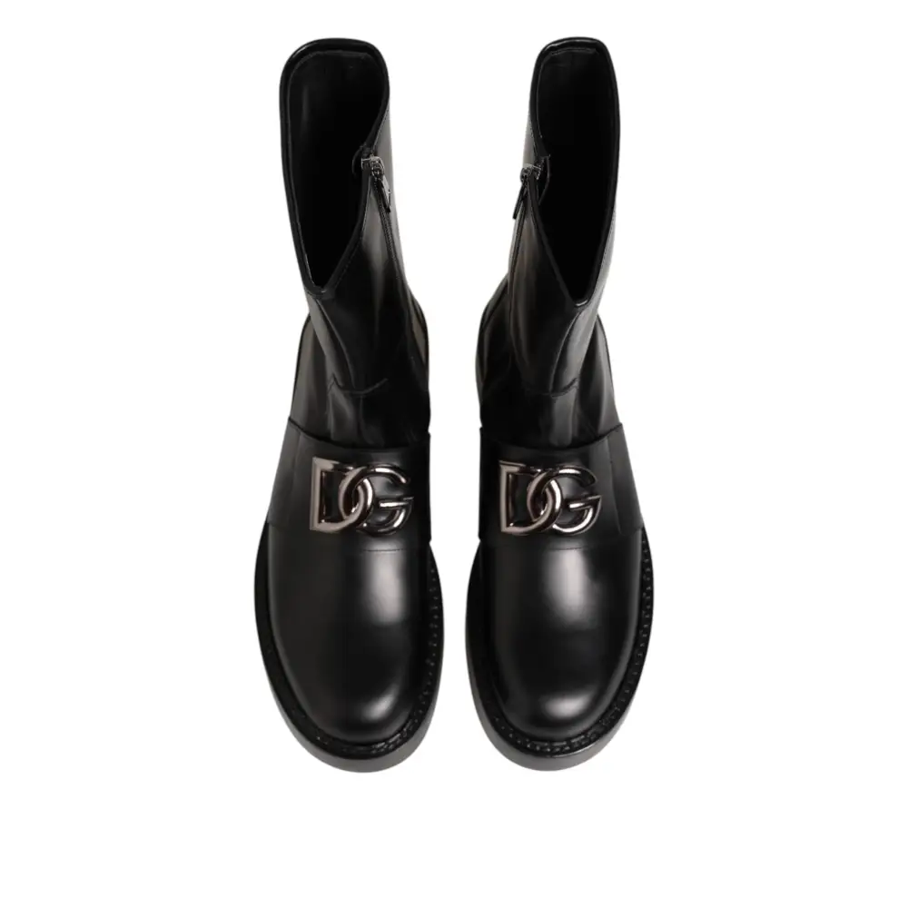 Dolce & Gabbana Schwarze Logo-Plakette Mid Calf Biker Boots Schuhe - EU44/US11