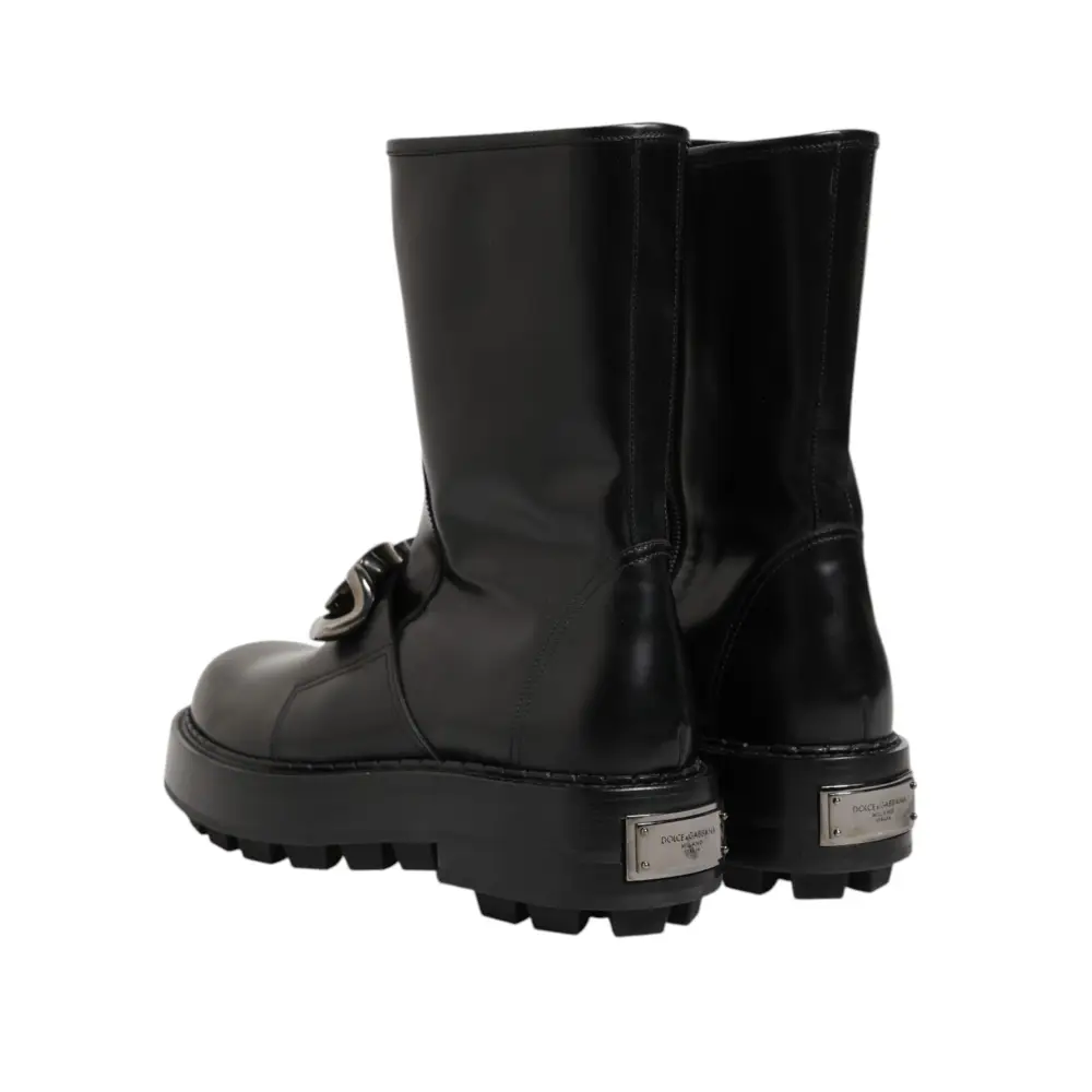 Dolce & Gabbana Schwarze Logo-Plakette Mid Calf Biker Boots Schuhe - EU44/US11