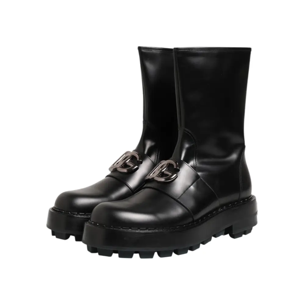 Dolce & Gabbana Schwarze Logo-Plakette Mid Calf Biker Boots Schuhe - EU44/US11