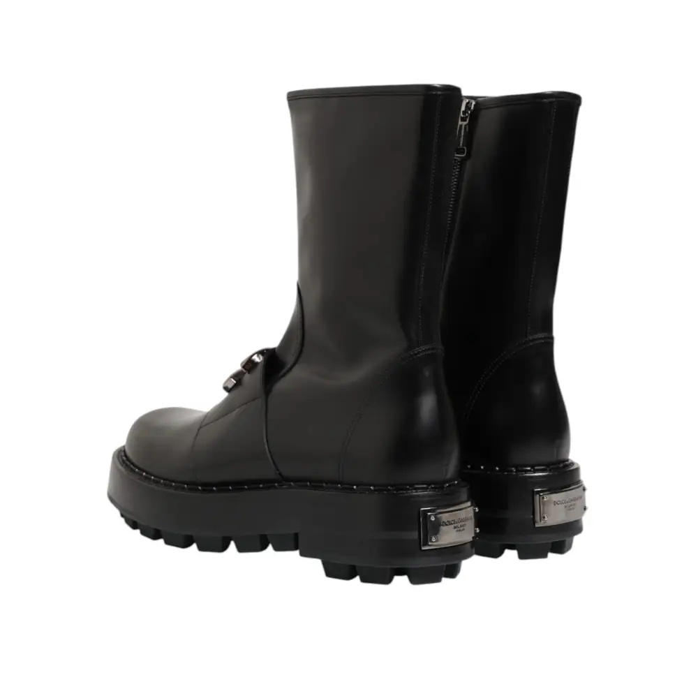 Dolce & Gabbana Schwarze Logo-Plakette Mid Calf Biker Boots Schuhe - EU44/US11