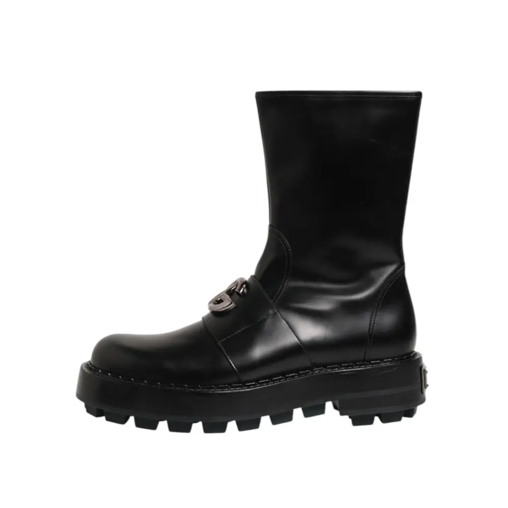 Dolce & Gabbana Schwarze Logo-Plakette Mid Calf Biker Boots Schuhe - EU44/US11