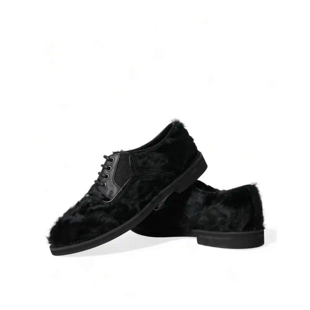 Dolce & Gabbana Schwarze Pelz Leder Schnürschuhe Derby Dress