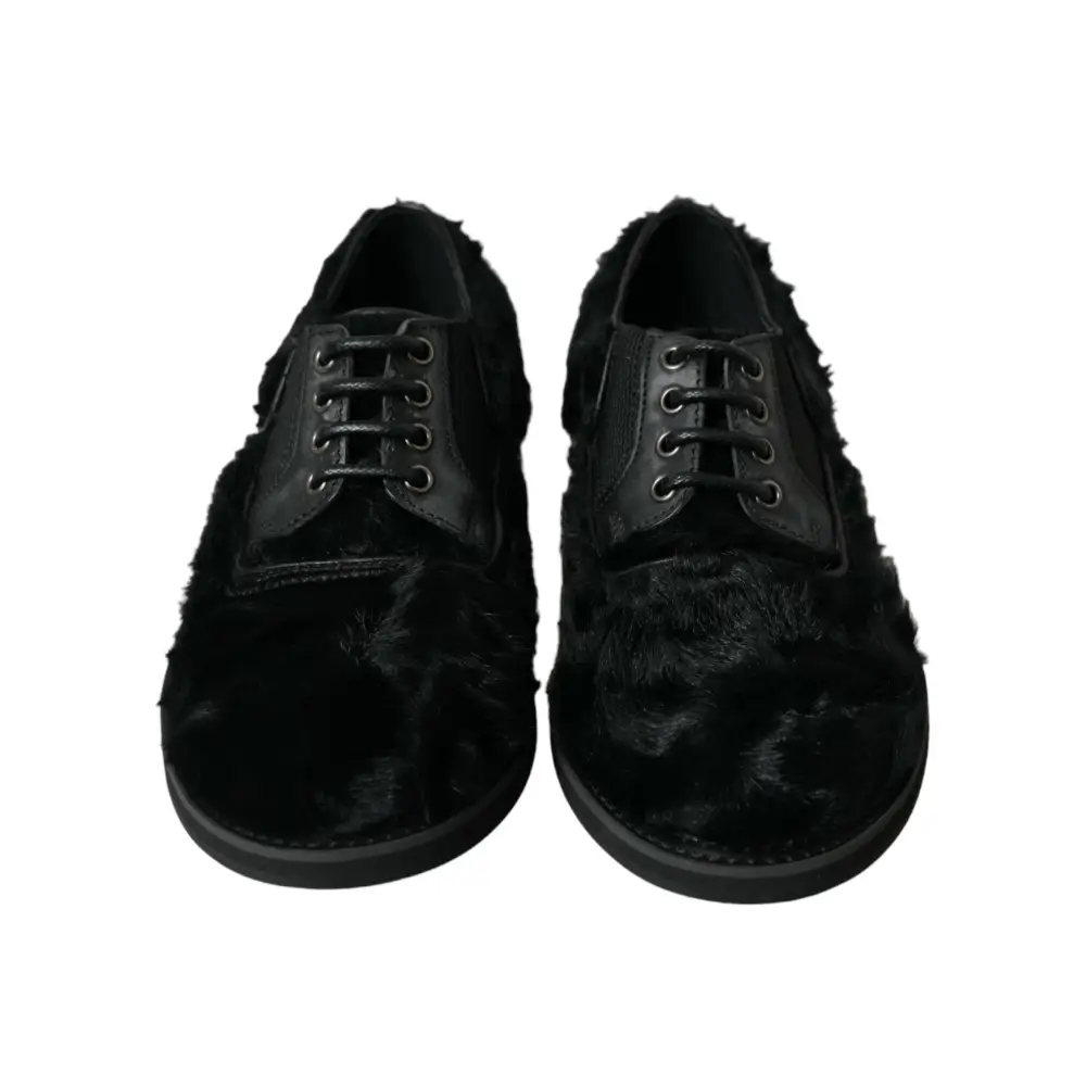 Dolce & Gabbana Schwarze Pelz Leder Schnürschuhe Derby Dress