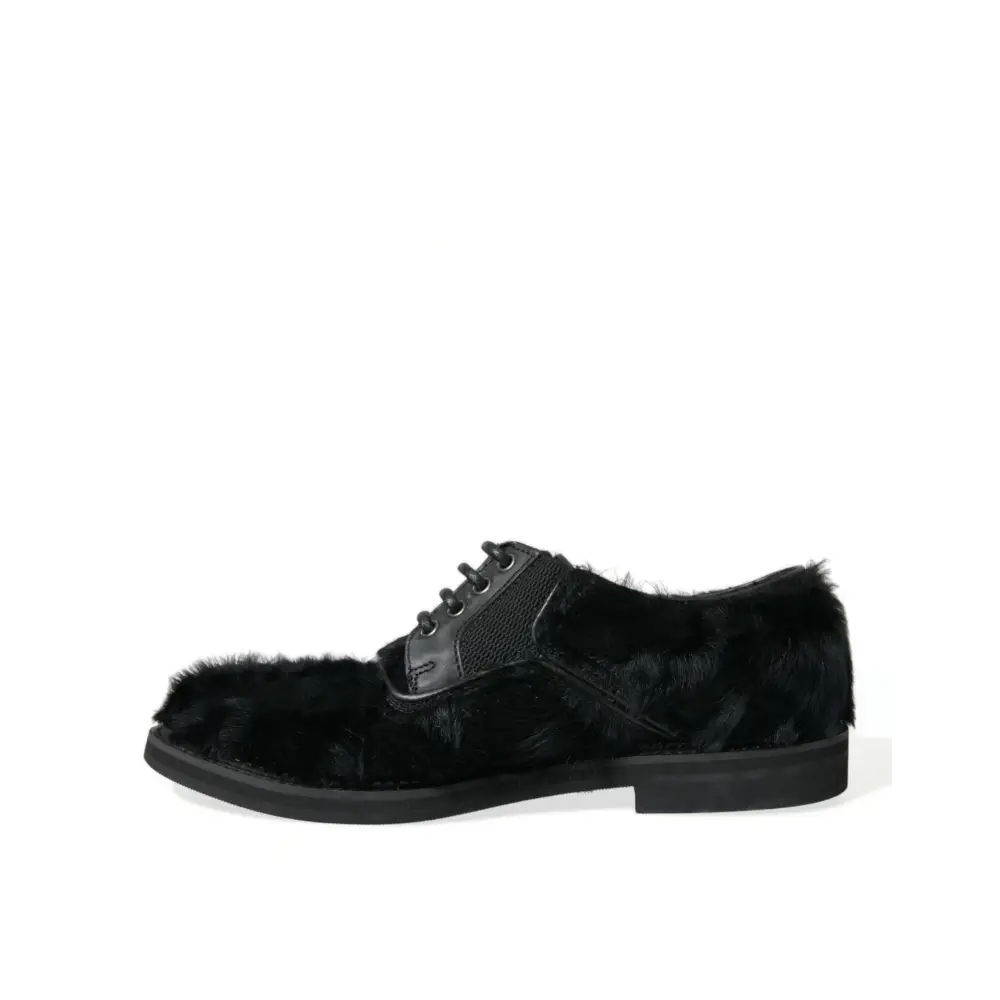 Dolce & Gabbana Schwarze Pelz Leder Schnürschuhe Derby Dress