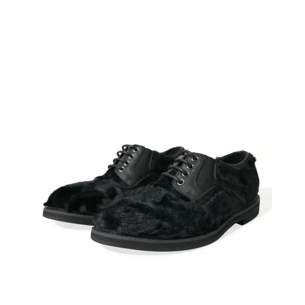 Dolce & Gabbana Schwarze Pelz Leder Schnürschuhe Derby Dress