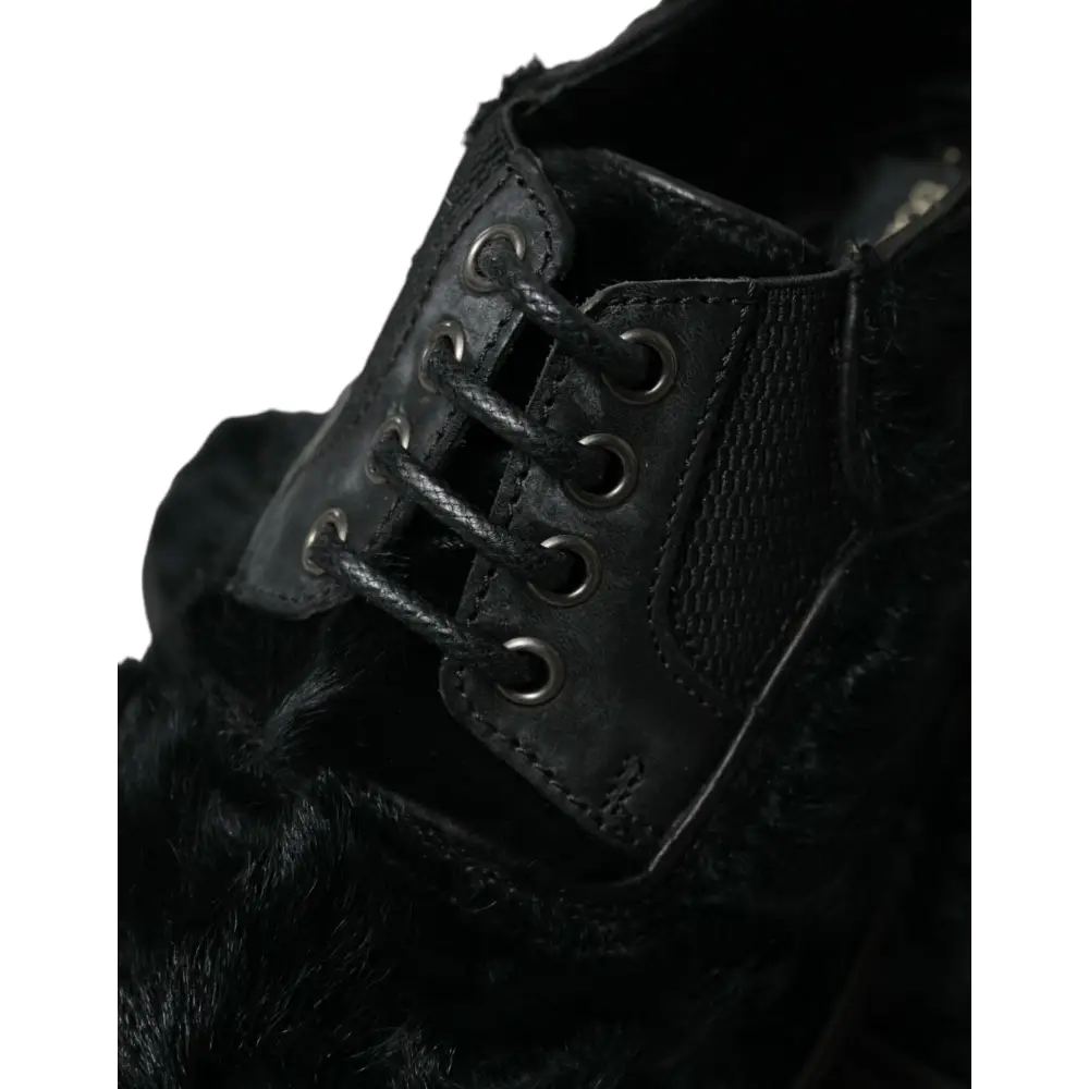 Dolce & Gabbana Schwarze Pelz Leder Schnürschuhe Derby Dress