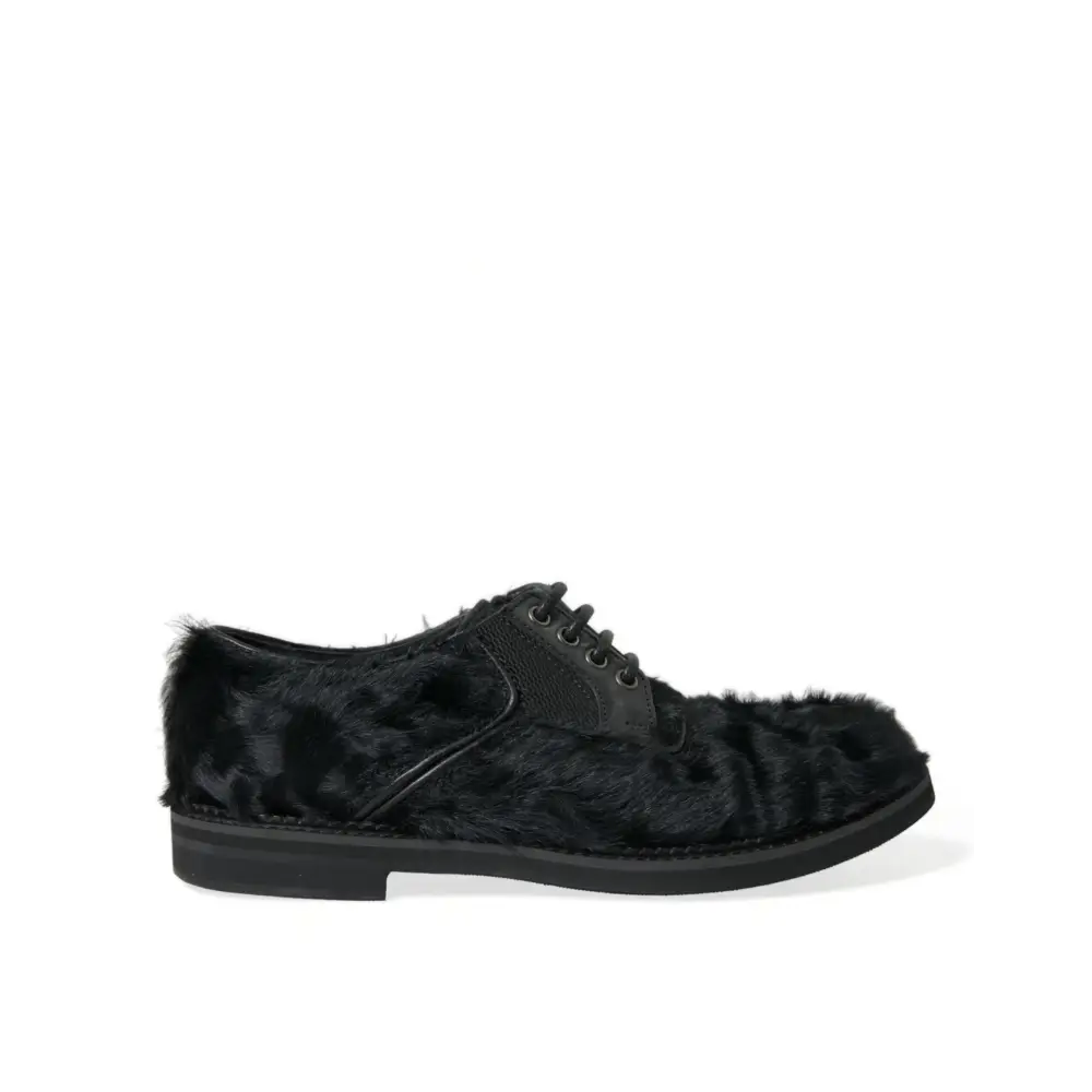 Dolce & Gabbana Schwarze Pelz Leder Schnürschuhe Derby Dress