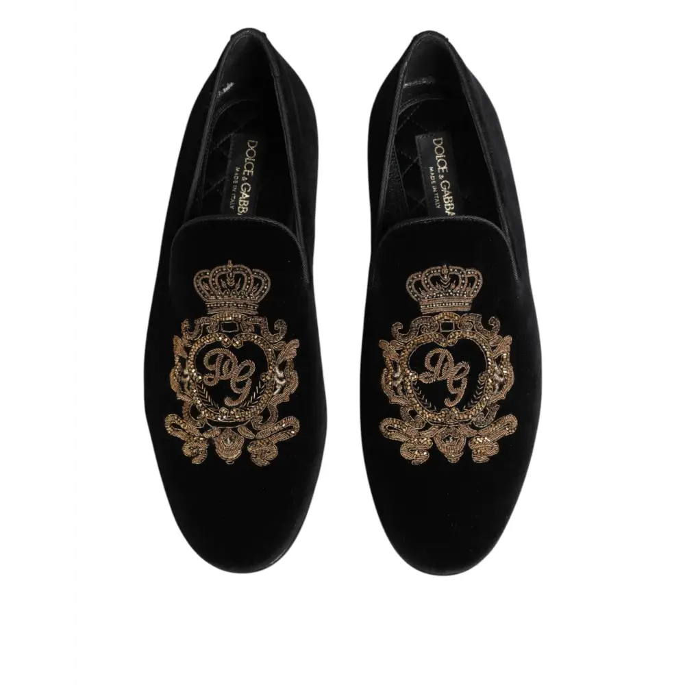 Dolce & Gabbana Schwarze Samt-Goldkrone Herren-Loafer - EU40/US7
