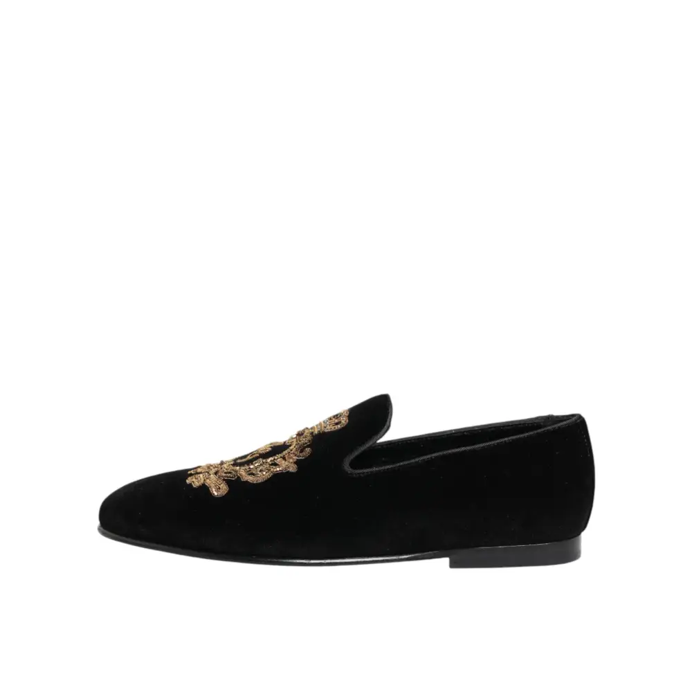 Dolce & Gabbana Schwarze Samt-Goldkrone Herren-Loafer - EU40/US7
