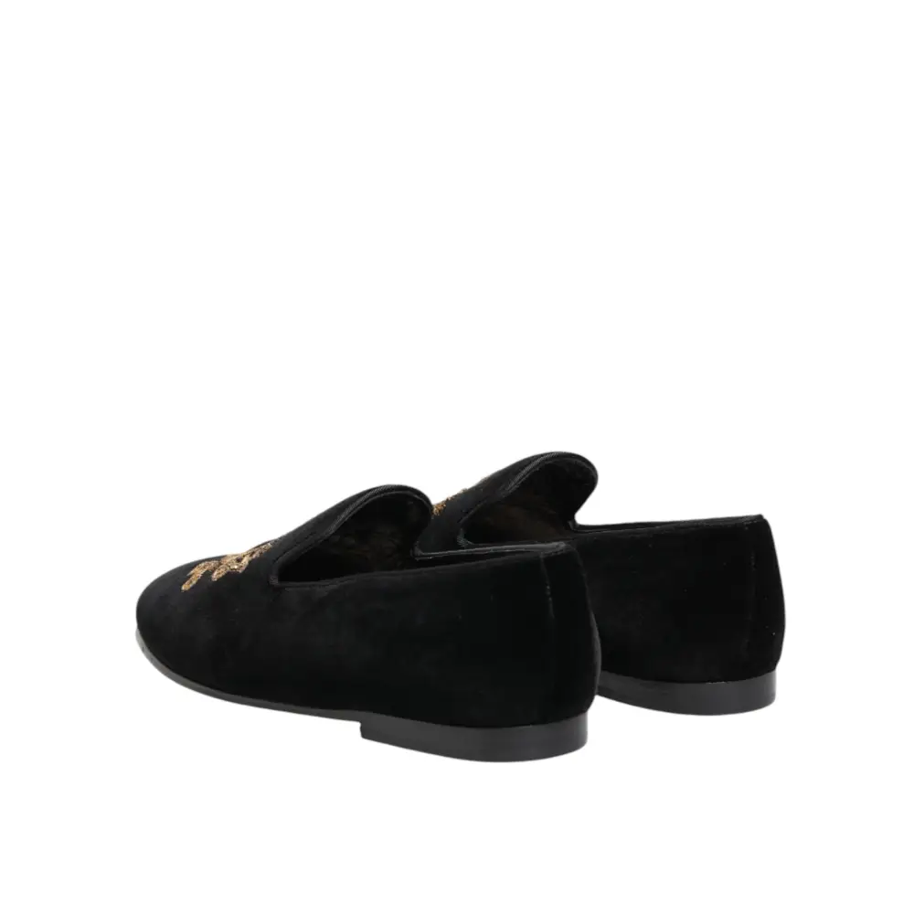 Dolce & Gabbana Schwarze Samt-Goldkrone Herren-Loafer - EU40/US7