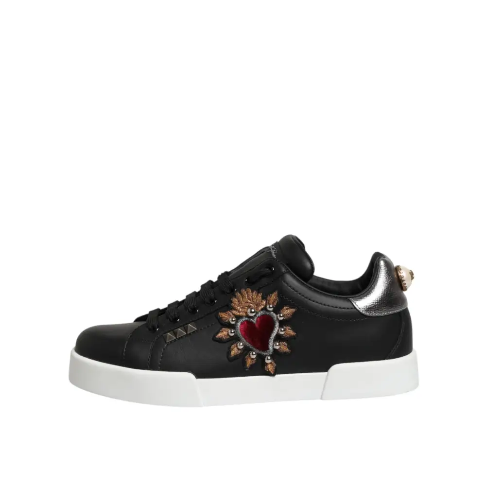 Dolce & Gabbana Schwarze Sneakers aus Leder mit Herz-Applikation - EU 39.5 | US 6.5