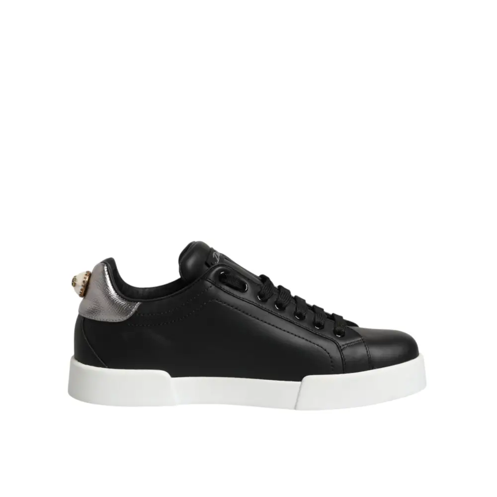 Dolce & Gabbana Schwarze Sneakers aus Leder mit Herz-Applikation - EU 39.5 | US 6.5