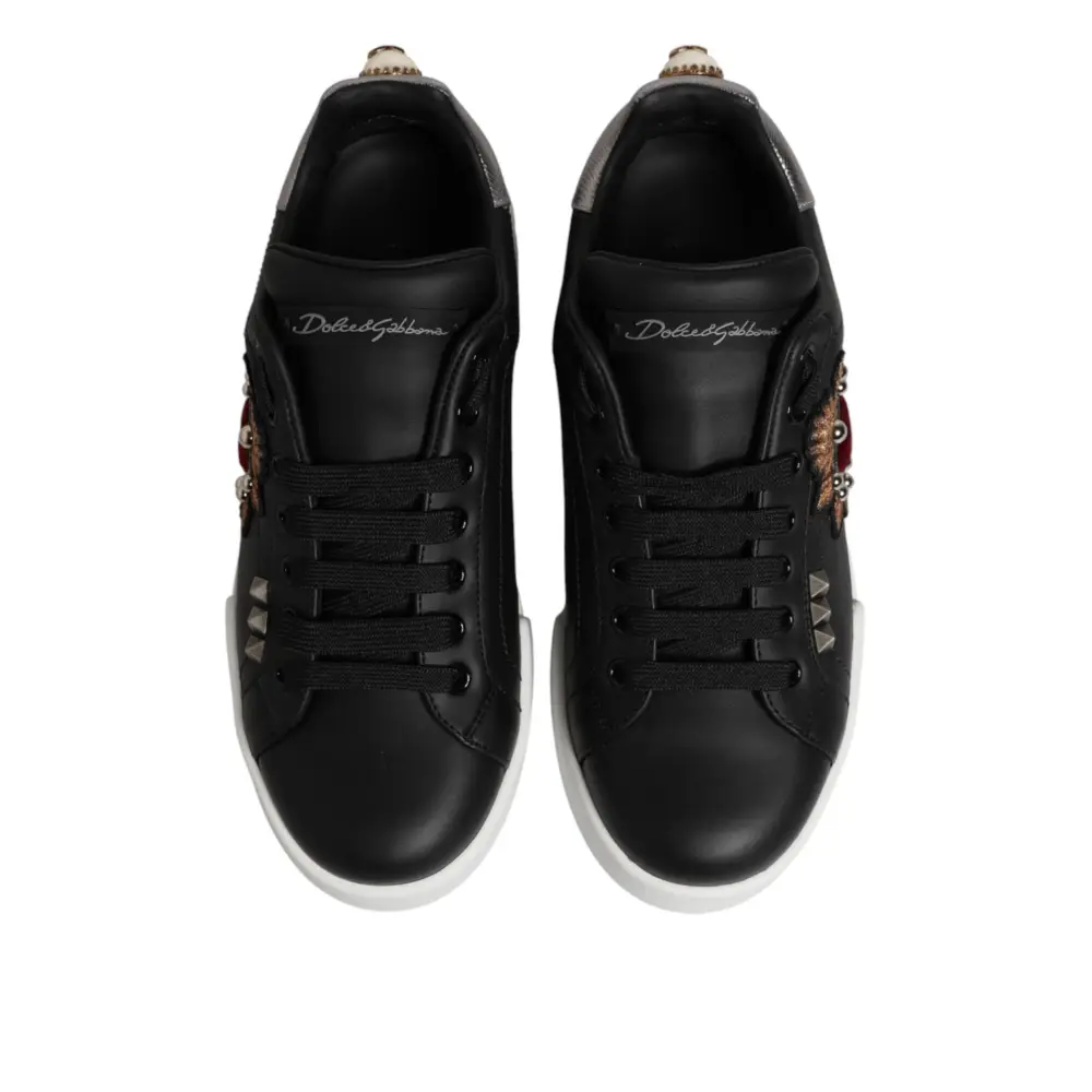 Dolce & Gabbana Schwarze Sneakers aus Leder mit Herz-Applikation - EU 39.5 | US 6.5