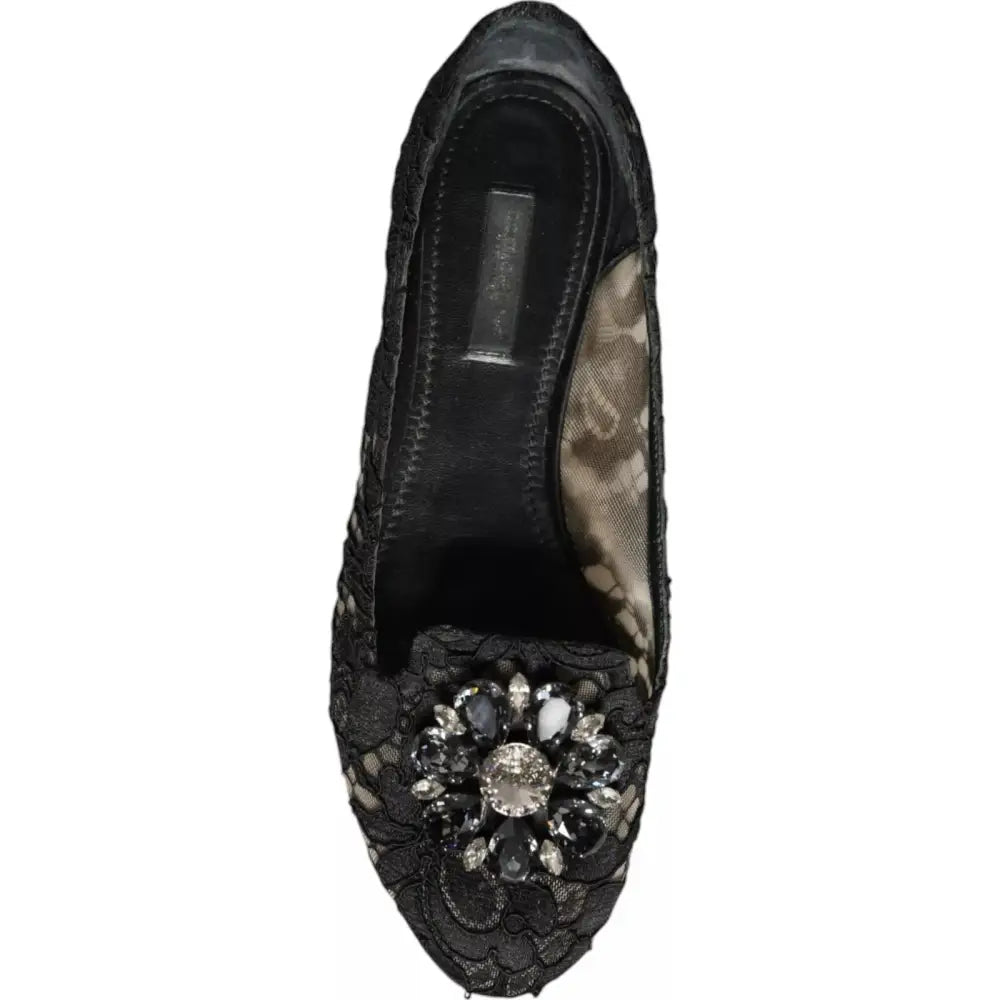 Dolce & Gabbana Schwarze Spitze Kristall Ballett Flats Loafer Schuhe - EU35/US4.5