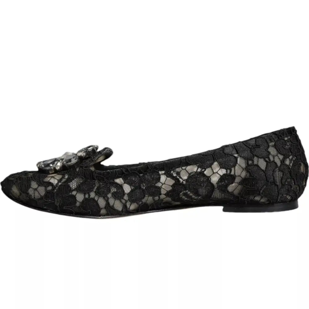 Dolce & Gabbana Schwarze Spitze Kristall Ballett Flats Loafer Schuhe - EU35/US4.5