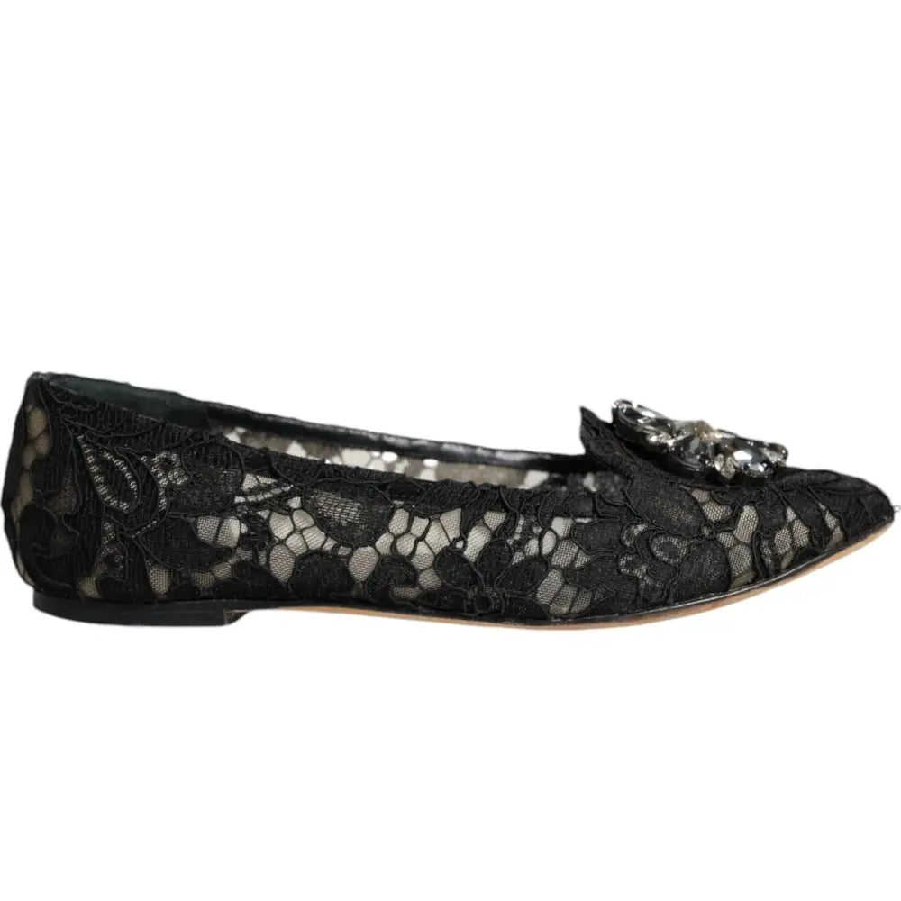 Dolce & Gabbana Schwarze Spitze Kristall Ballett Flats Loafer Schuhe - EU35/US4.5