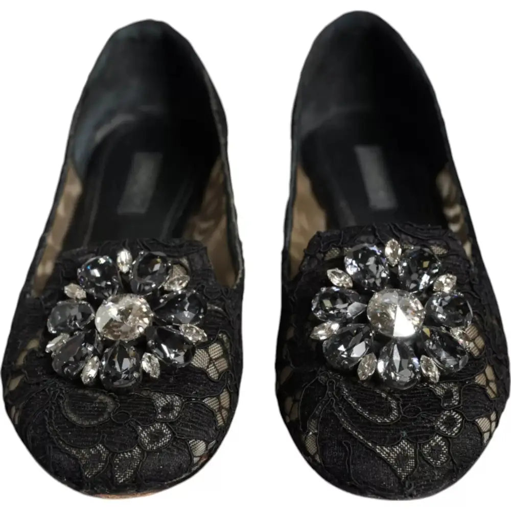Dolce & Gabbana Schwarze Spitze Kristall Ballett Flats Loafer Schuhe - EU35/US4.5
