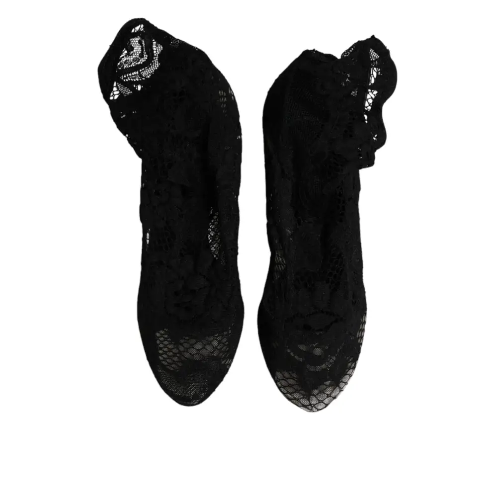 Dolce & Gabbana Schwarze Spitze Stretch Heels Mittlere Wadenstiefel Schuhe - EU37.5/US7
