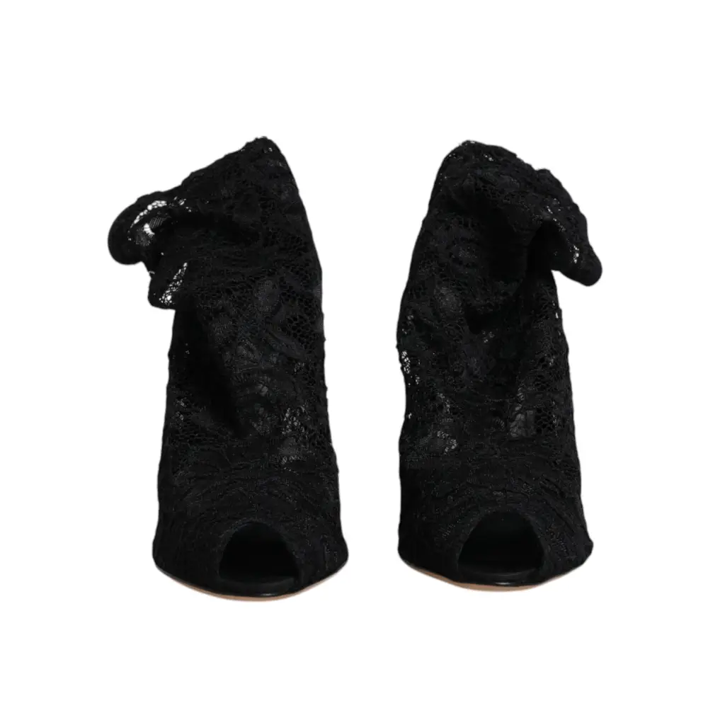 Dolce & Gabbana Schwarze Spitze Stretch Heels Mittlere Wadenstiefel Schuhe - EU37/US7