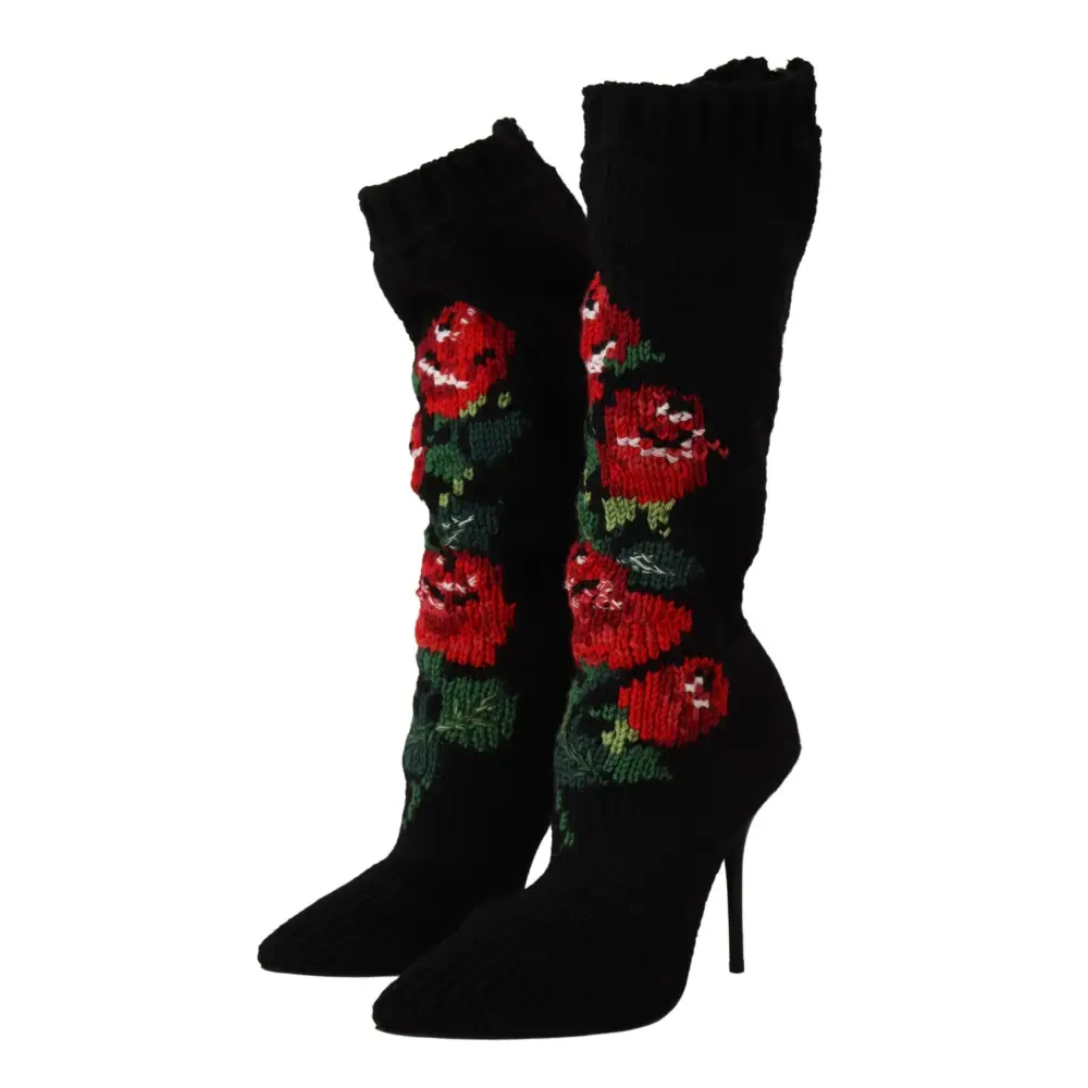 Dolce & Gabbana Schwarze Stretch-Socken Rote Rosen Booties Schuhe