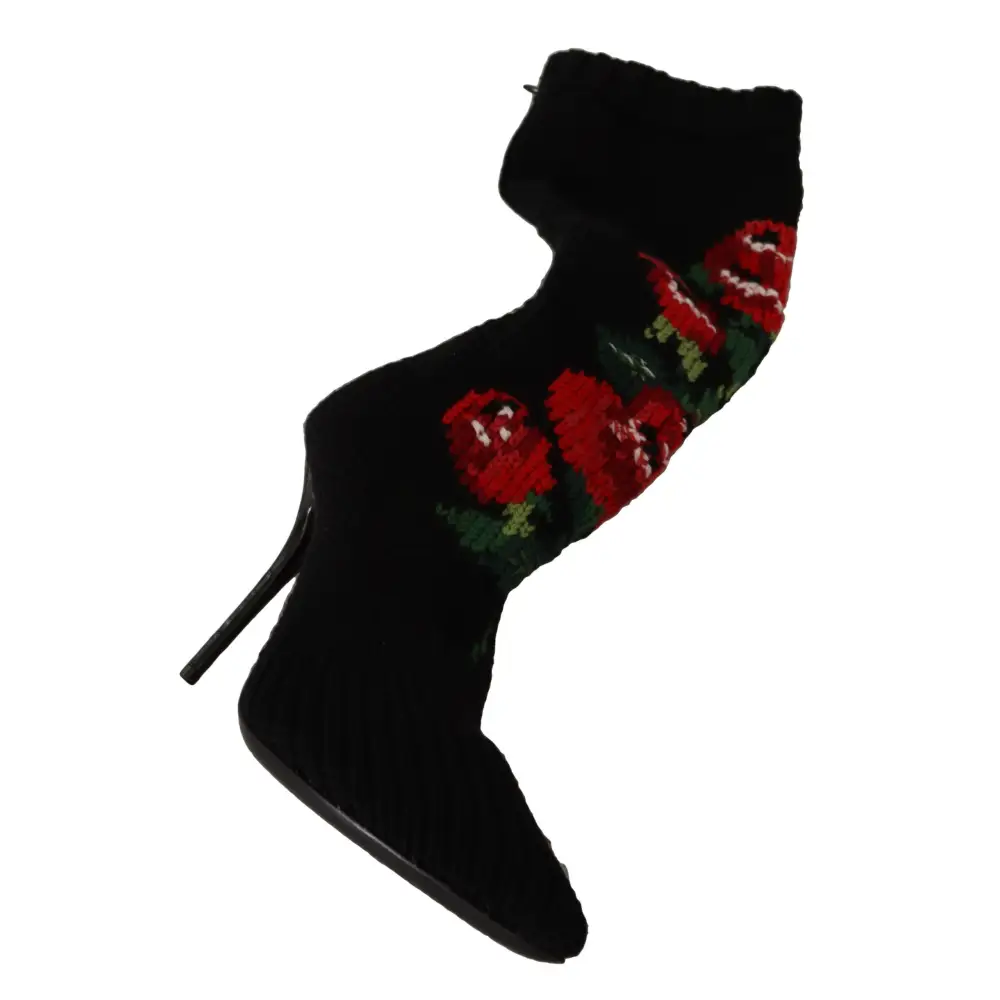 Dolce & Gabbana Schwarze Stretch-Socken Rote Rosen Booties Schuhe
