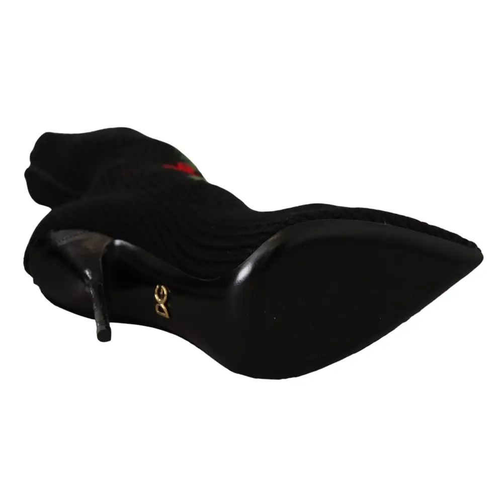 Dolce & Gabbana Schwarze Stretch-Socken Rote Rosen Booties Schuhe