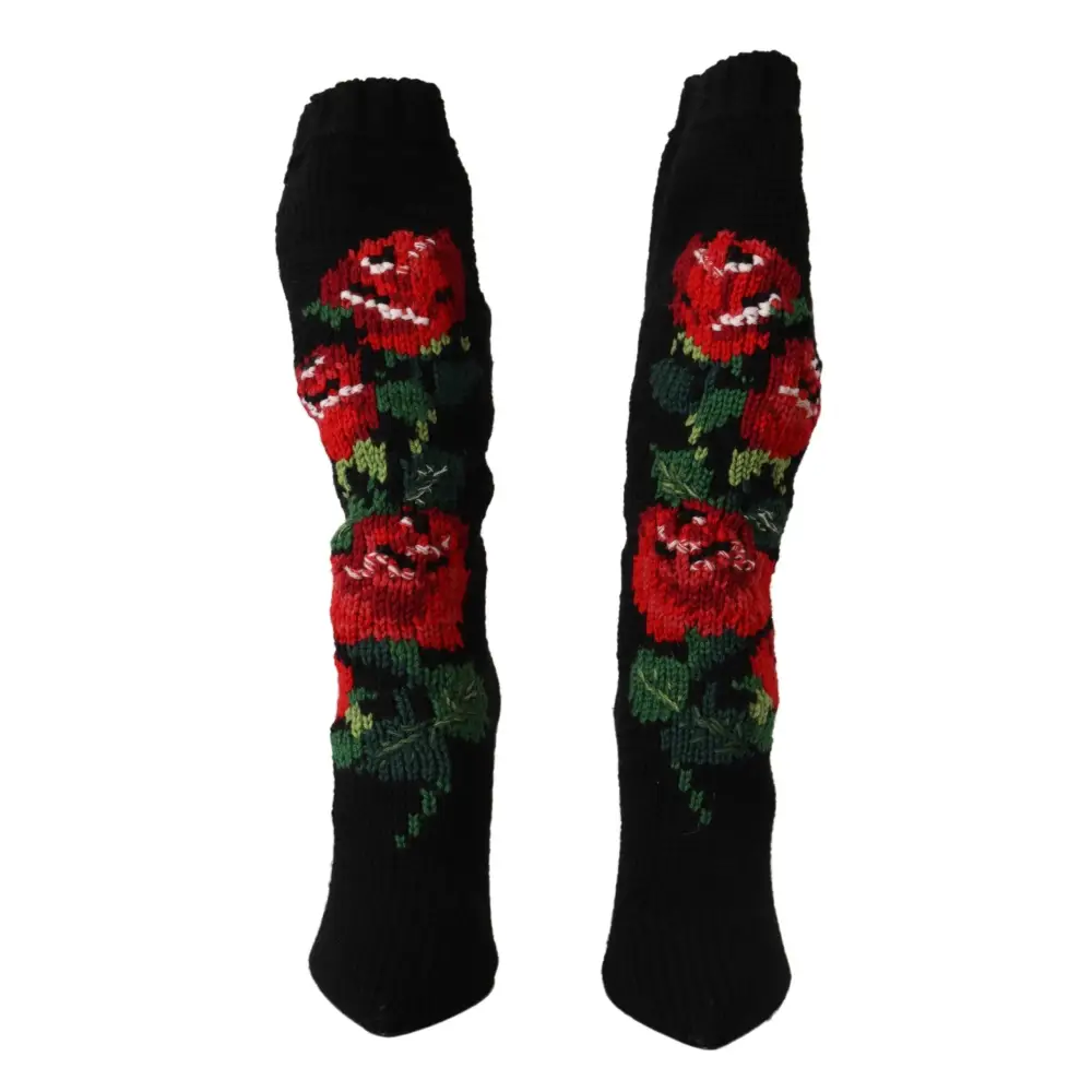 Dolce & Gabbana Schwarze Stretch-Socken Rote Rosen Booties Schuhe