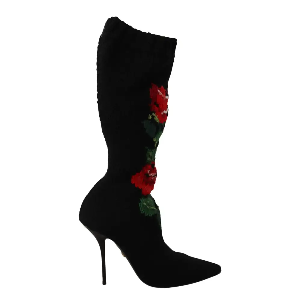 Dolce & Gabbana Schwarze Stretch-Socken Rote Rosen Booties Schuhe