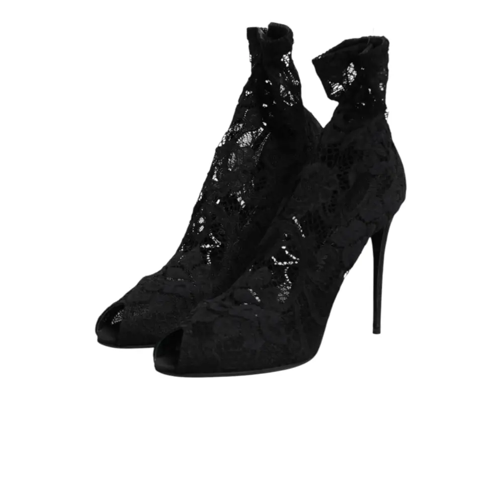 Dolce & Gabbana Schwarze Stretch-Taormina-Spitzenstiefel - EU39/US8.5