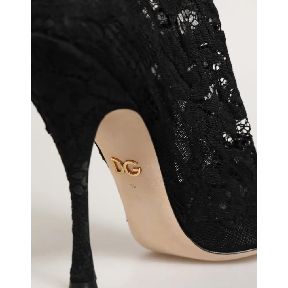 Dolce & Gabbana Schwarze Taormina-Spitzen-Socken-Pumps-Stiefel - EU39/US8.5