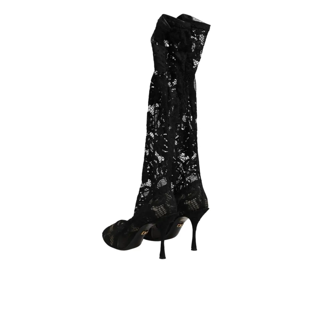 Dolce & Gabbana Schwarze Taormina-Spitzenstiefel mit Sockenoptik - EU37.5/US7
