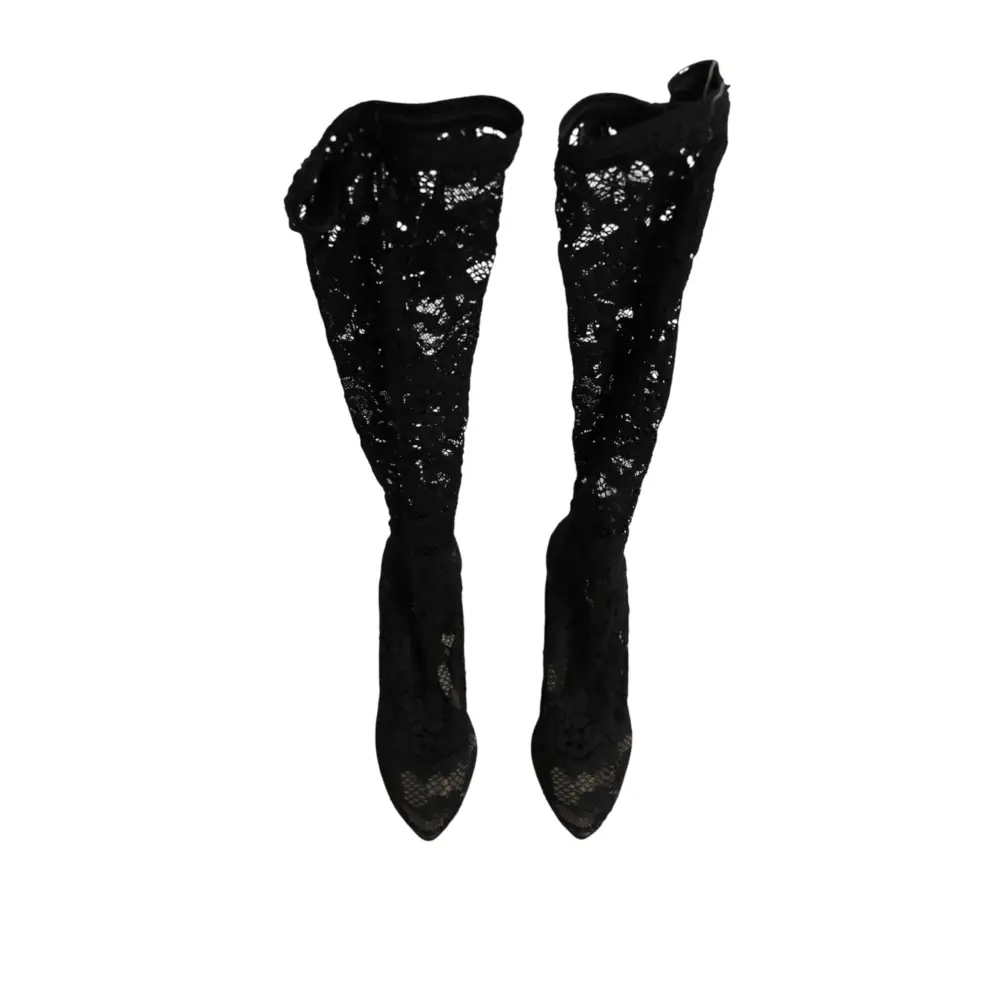 Dolce & Gabbana Schwarze Taormina-Spitzenstiefel mit Sockenoptik - EU37.5/US7
