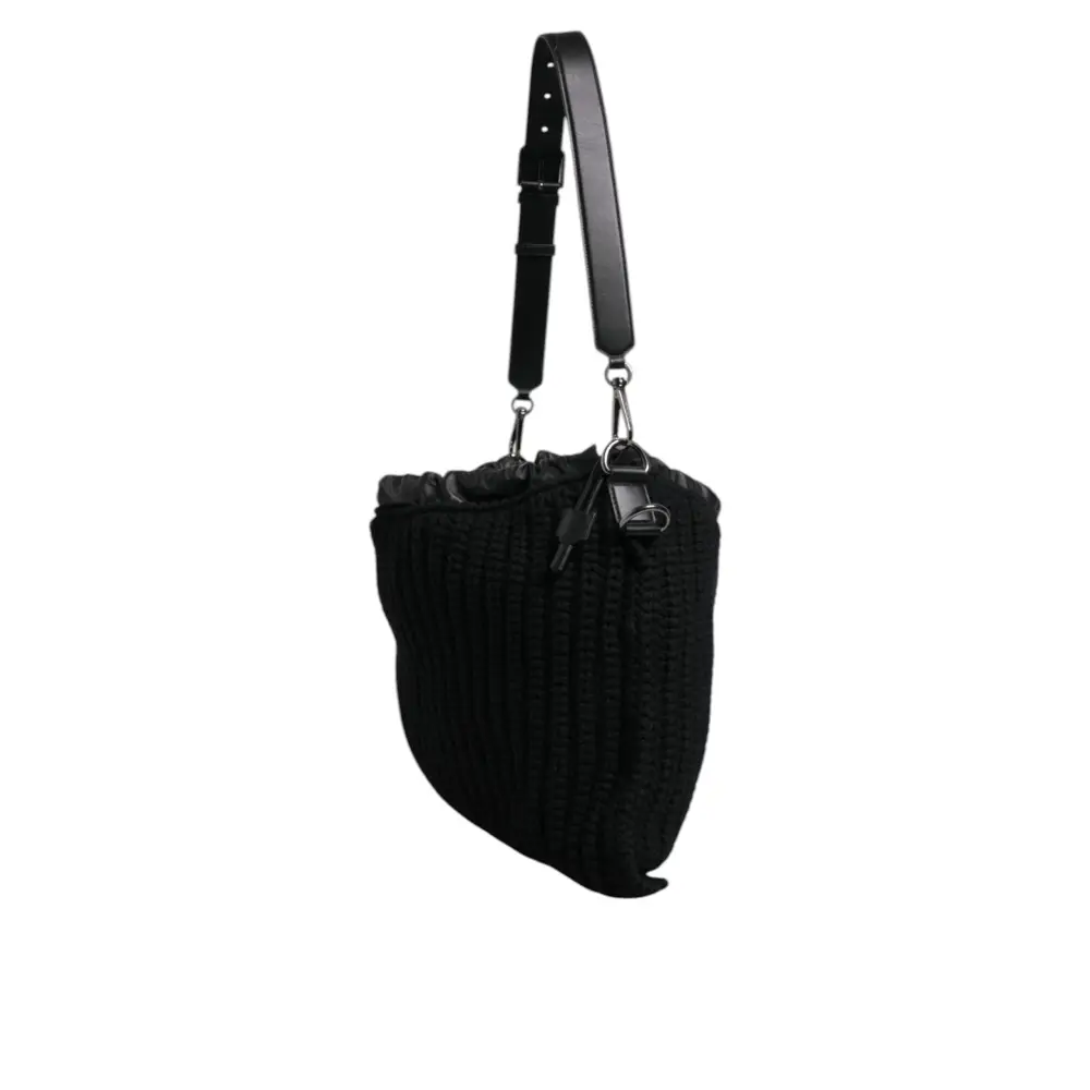 Dolce & Gabbana Schwarze Umhängetasche aus Leder mit Kaschmirstrick