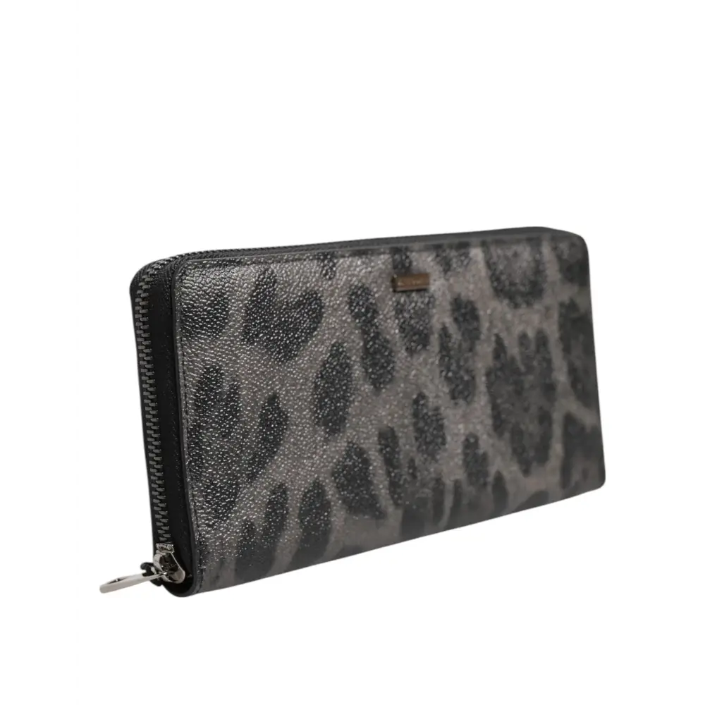 Dolce & Gabbana Schwarzer grauer Leopard Leder Zip Around Continental Geldbörse